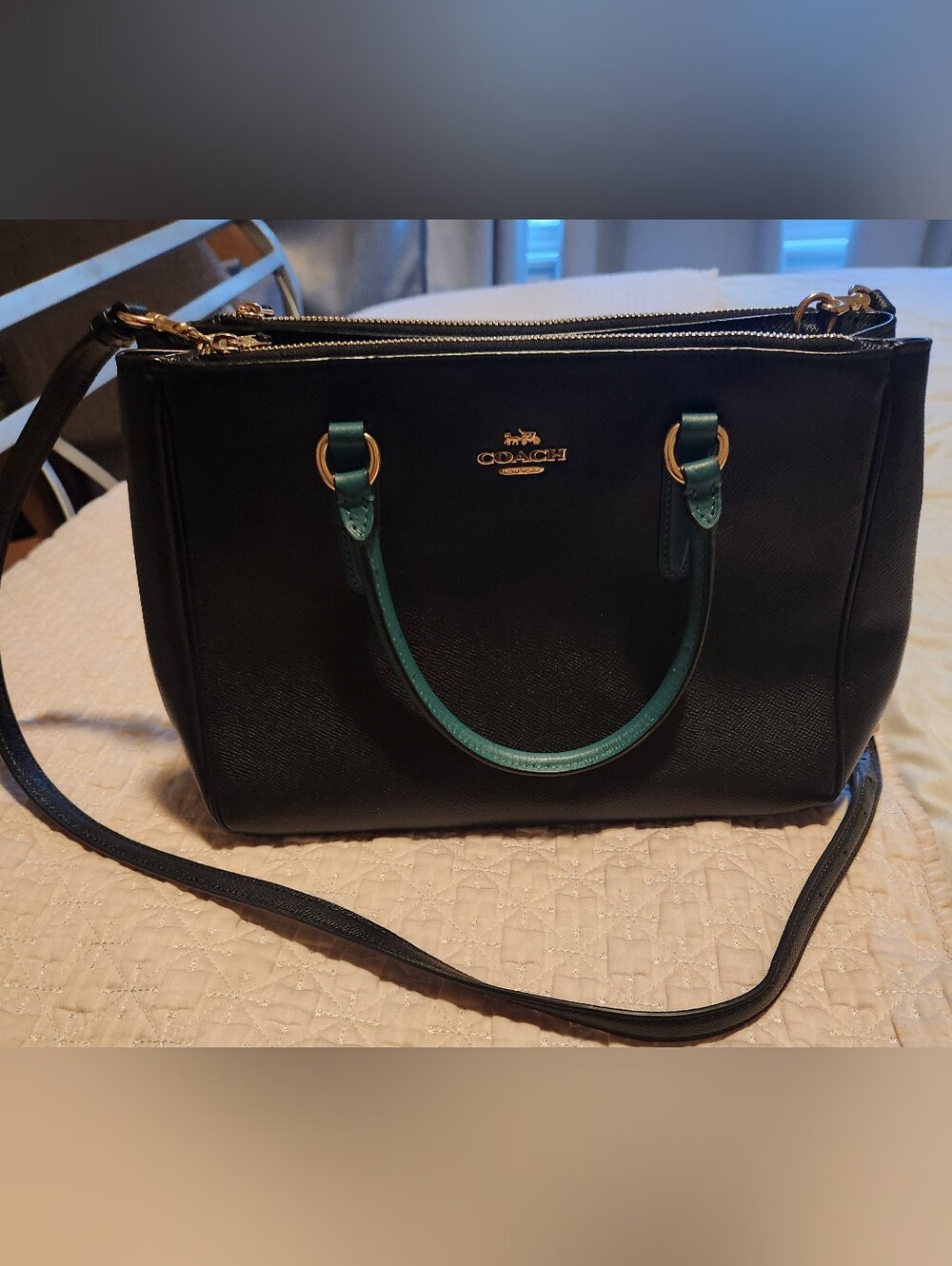 Coach Black Leather Satchel with Green Handles and Gold Hardware